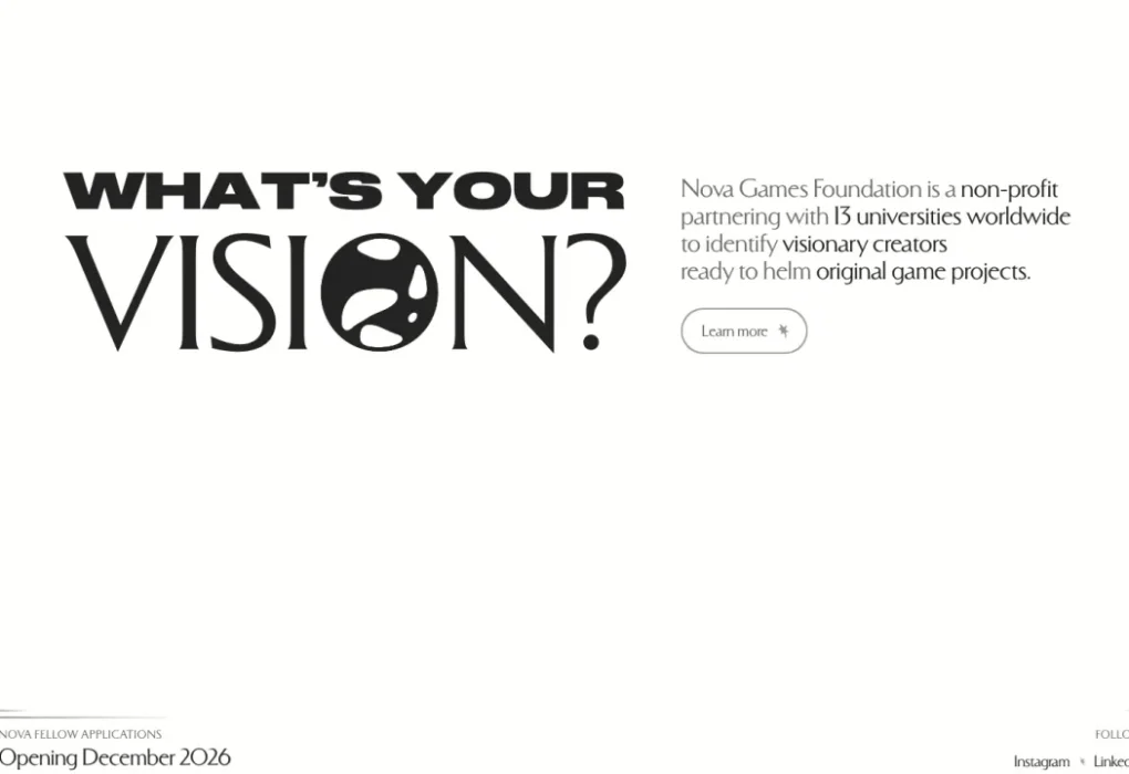 Página de inicio de Nova Games Foundation con la pregunta central 'What's Your Vision?' y el anuncio del lanzamiento oficial en diciembre de 2026.