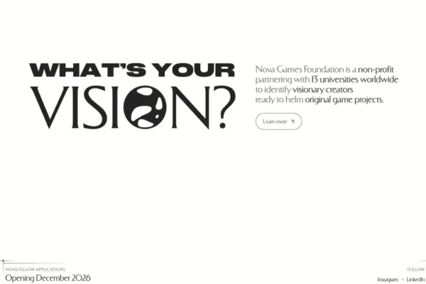Página de inicio de Nova Games Foundation con la pregunta central 'What's Your Vision?' y el anuncio del lanzamiento oficial en diciembre de 2026.