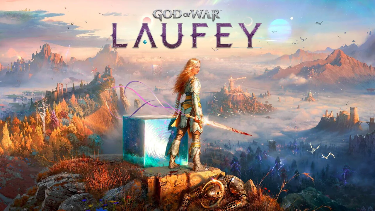 Arte promocional de God of War: Laufey protagonizado por Faye observando un horizonte épico, destacando una estructura cúbica luminosa y a un guerrero derrotado en primer plano.