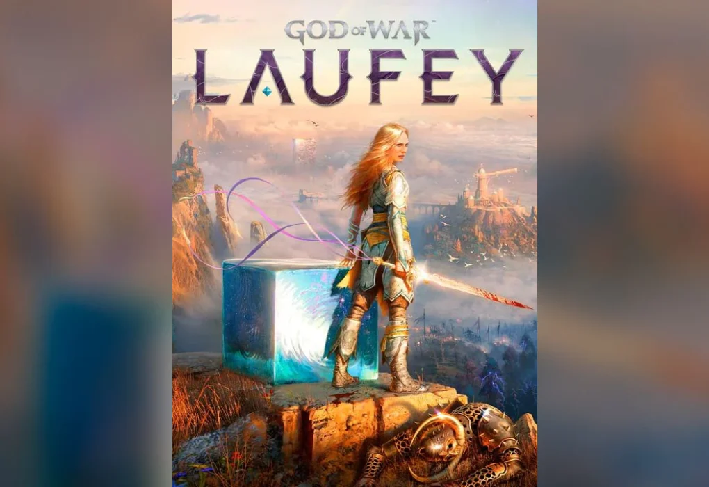 Arte promocional de God of War: Laufey mostrando a la protagonista Faye frente a un paisaje nórdico épico y un cubo mágico.