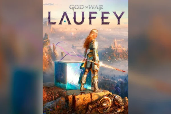 Arte promocional de God of War: Laufey mostrando a la protagonista Faye frente a un paisaje nórdico épico y un cubo mágico.