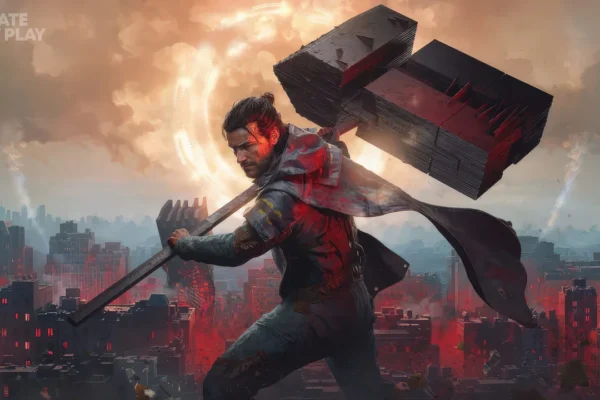 Protagonist wielding a geometric hammer in an apocalyptic, red-tinted cityscape from the State of Play showcase.