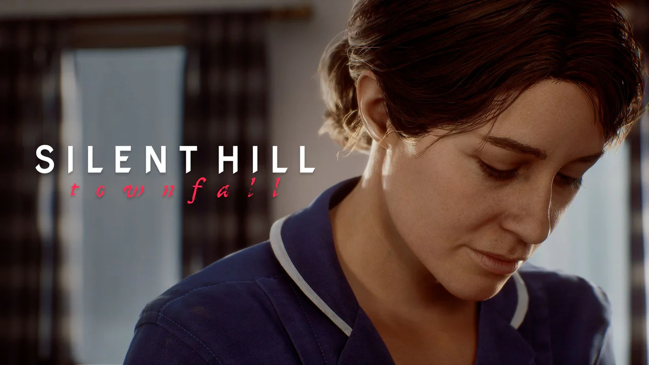 Una mujer con uniforme azul y expresión melancólica en primer plano, con el título 'SILENT HILL townfall!' superpuesto en la esquina superior izquierda, representando el esperado lanzamiento de este videojuego de terror.