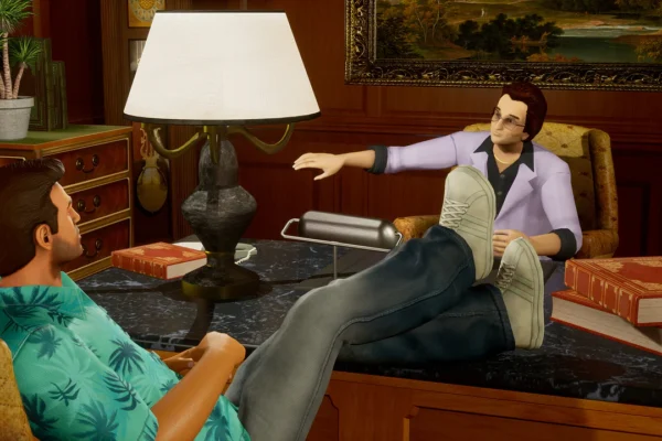 Tommy Vercetti in conversation with a lawyer inside a wood-paneled office in Grand Theft Auto: Vice City, showcasing the game's classic aesthetic.