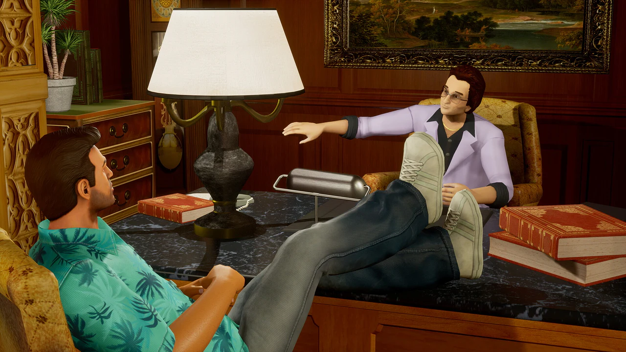 Tommy Vercetti in conversation with a lawyer inside a wood-paneled office in Grand Theft Auto: Vice City, showcasing the game's classic aesthetic.