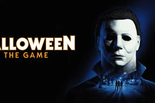 Arte oficial del videojuego Halloween: The Game con el rostro de Michael Myers y una pequeña escena nocturna, ilustrando la temática de horror del título.