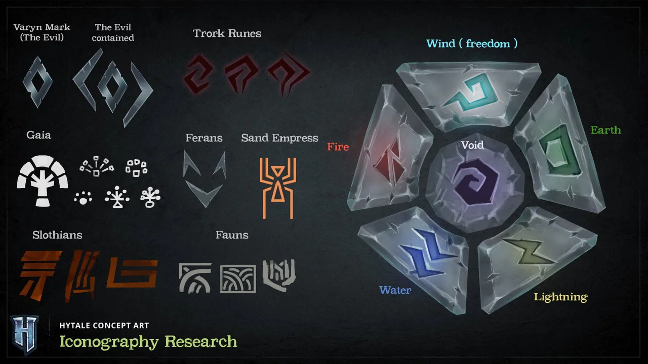 Hytale concept art detailing magical iconography and elemental symbols used for world-building and lore.