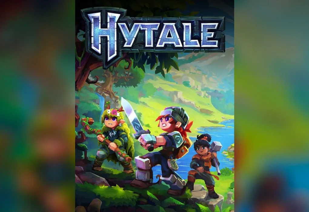 Arte promocional oficial de Hytale mostrando al trío de héroes aventureros del juego bajo el logotipo principal en un entorno de fantasía vibrante.