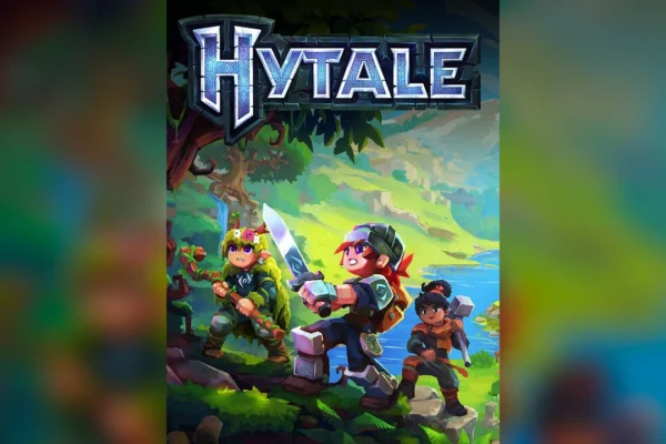 Arte promocional oficial de Hytale mostrando al trío de héroes aventureros del juego bajo el logotipo principal en un entorno de fantasía vibrante.