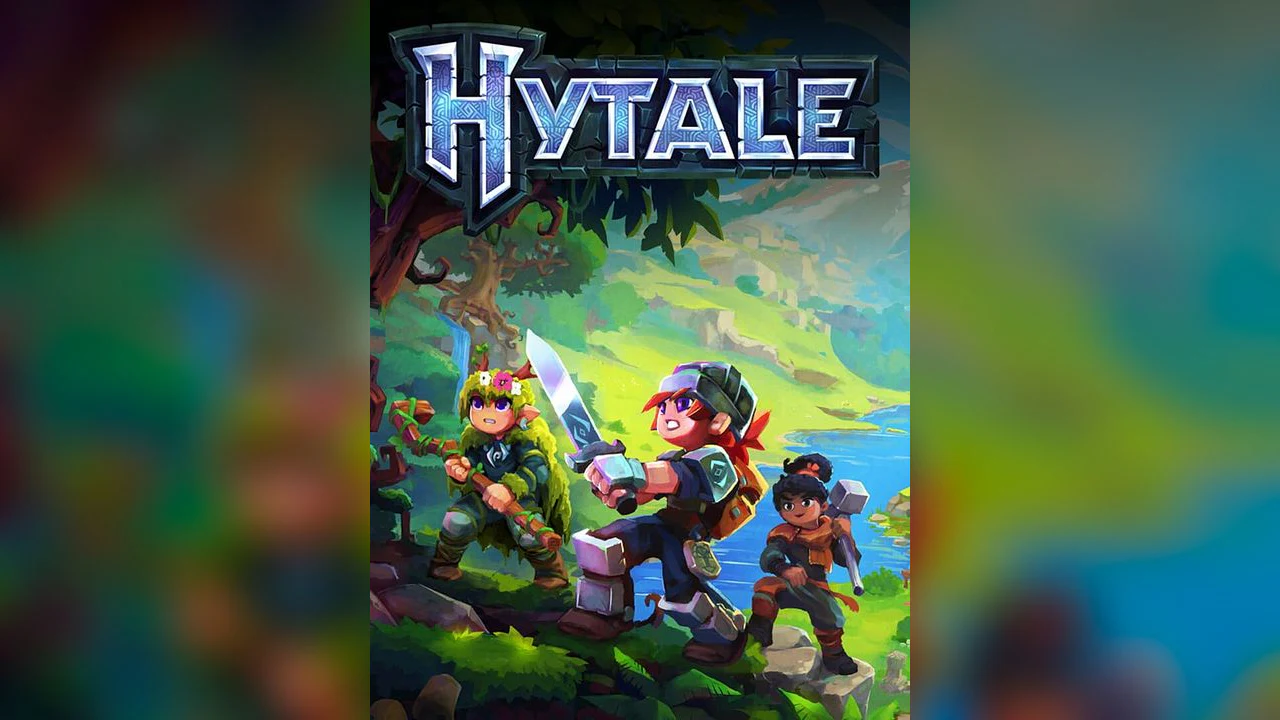 Arte promocional oficial de Hytale mostrando al trío de héroes aventureros del juego bajo el logotipo principal en un entorno de fantasía vibrante.