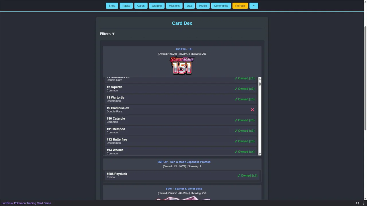 Interfaz digital del Card Dex del JCC Pokémon, mostrando una lista de cartas del set '151', incluyendo a Squirtle, Blastoise ex y Weedle, con indicadores de propiedad y un contador de cartas poseídas. Esta vista detallada ilustra la gestión de colecciones en el juego.