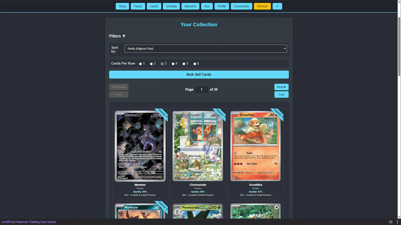 Digital collection interface showing various Pokémon trading cards including Mewtwo and Charmander in a player's library.