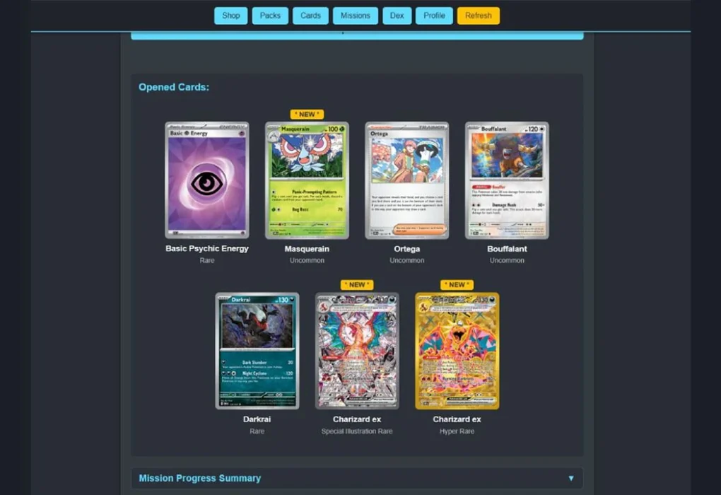 A digital interface showcasing a pack opening result in the Pokémon Trading Card Game, highlighting two rare Charizard ex cards among other pulls from the new anniversary expansion.