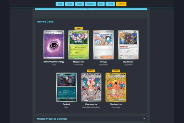 A digital interface showcasing a pack opening result in the Pokémon Trading Card Game, highlighting two rare Charizard ex cards among other pulls from the new anniversary expansion.
