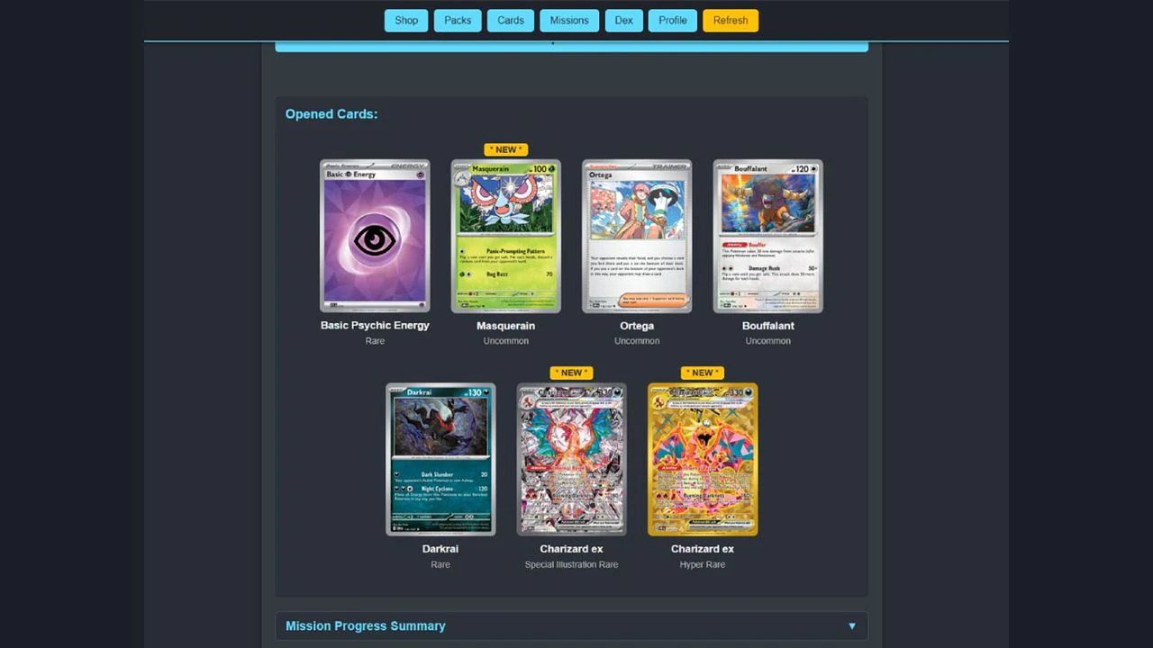 A digital interface showcasing a pack opening result in the Pokémon Trading Card Game, highlighting two rare Charizard ex cards among other pulls from the new anniversary expansion.