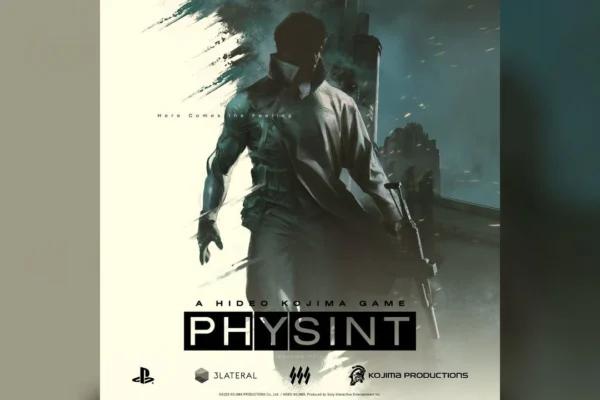 Arte oficial de PHYSINT que muestra al protagonista caminando en un entorno desolado, destacando el anuncio del proyecto de Hideo Kojima.