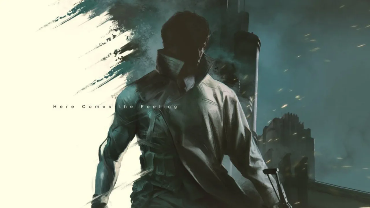 Un arte promocional de PHYSINT muestra a un protagonista masculino con un abrigo y un brazo protésico, llevando un bastón, observando una estructura distante en una atmósfera grisácea con chispas, ilustrando el tono misterioso del juego.