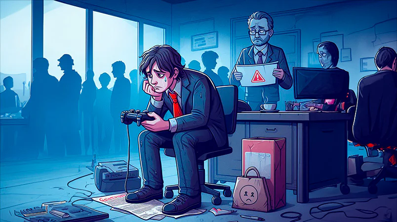 Un desarrollador de videojuegos sentado con expresión de derrota en una oficina, simbolizando la crisis de despidos y la precariedad laboral en la industria en 2026.