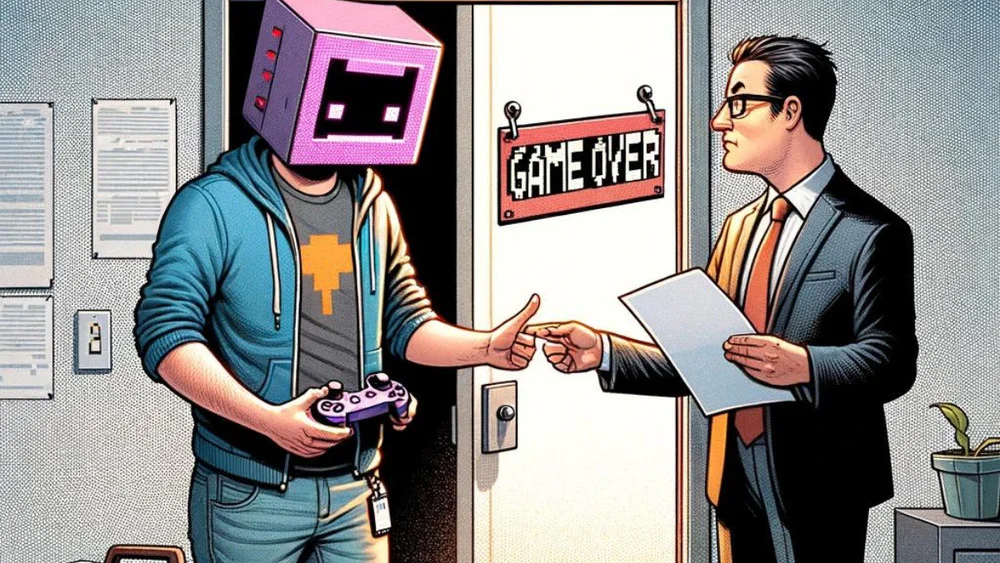 Ilustración de un trabajador de la industria del videojuego con cabeza de cubo pixelado y mando en mano, recibiendo lo que parecen ser documentos de despido de un ejecutivo de traje frente a una puerta con un letrero de 'GAME OVER'.