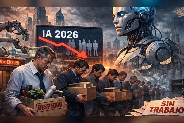Ilustración conceptual de trabajadores despedidos frente a una oficina de empleo bajo la vigilancia de una inteligencia artificial en 2026, representando la crisis laboral en la industria tecnológica y de videojuegos.