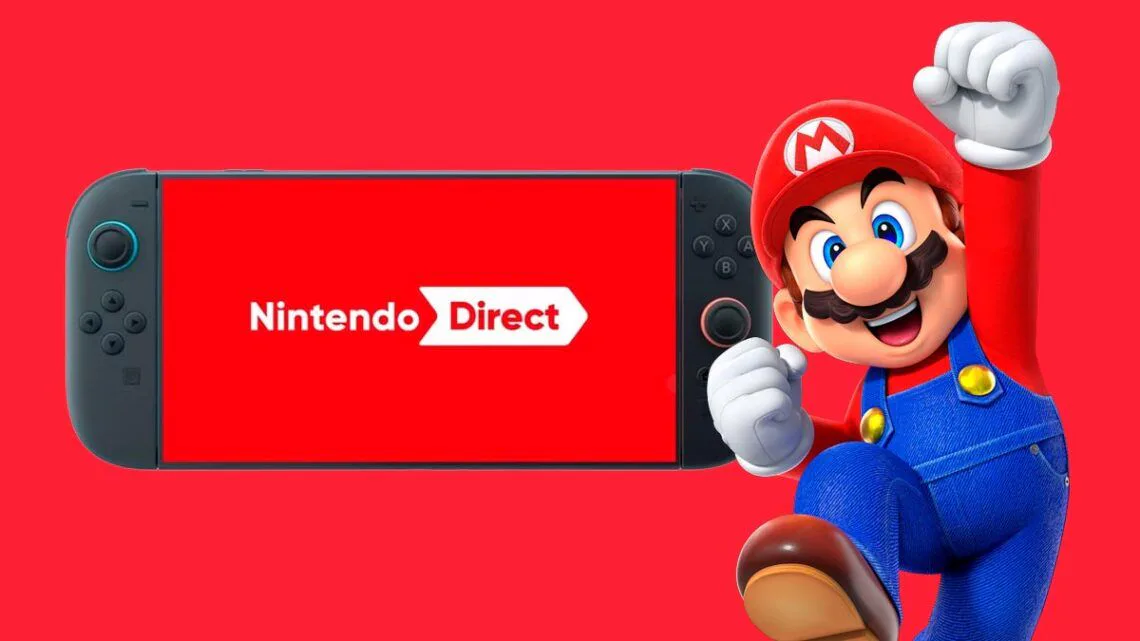 Mario de Nintendo celebrando junto a una consola Switch que muestra el logo de Nintendo Direct durante el evento de septiembre de 2026.