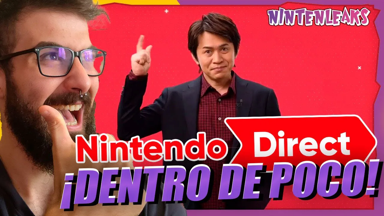 Un hombre barbudo sonriente con gafas a la izquierda y el ejecutivo de Nintendo Shinya Takahashi levantando un dedo a la derecha, con el texto 'Nintendo Direct ¡DENTRO DE POCO!' y 'NINTENLEAKS' sobre un fondo rojo, ilustrando la expectación ante los próximos anuncios de Nintendo.