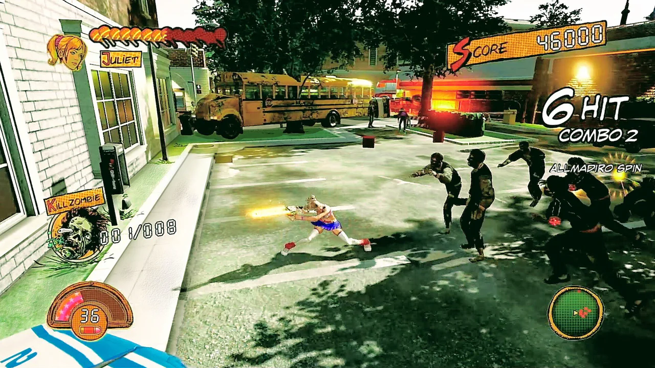 Juliet Starling combate zombis con su motosierra en una escena de acción de Lollipop Chainsaw RePOP mostrando el HUD de puntuación.