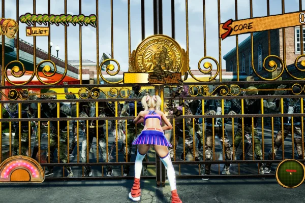 Juliet Starling frente a una verja escolar rodeada de zombis en el videojuego Lollipop Chainsaw RePOP.