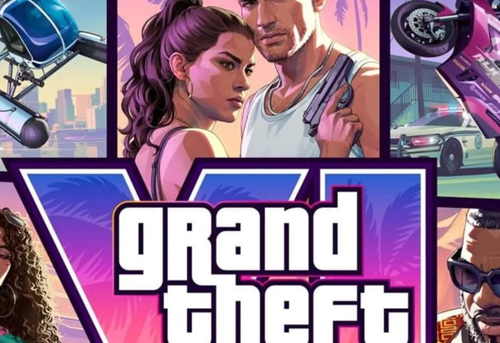 Arte promocional oficial de Grand Theft Auto VI que presenta a los protagonistas, la vida salvaje y vehículos icónicos bajo la estética vibrante de Vice City.