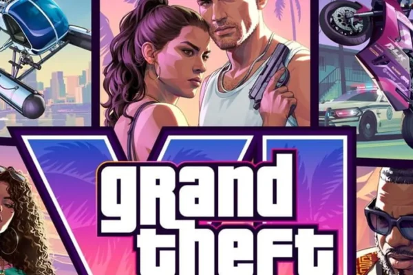 Arte promocional oficial de Grand Theft Auto VI que presenta a los protagonistas, la vida salvaje y vehículos icónicos bajo la estética vibrante de Vice City.