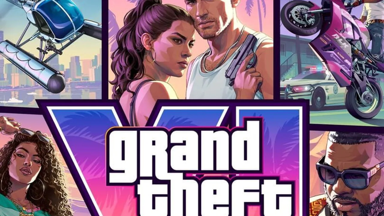 Arte promocional oficial de Grand Theft Auto VI que presenta a los protagonistas, la vida salvaje y vehículos icónicos bajo la estética vibrante de Vice City.
