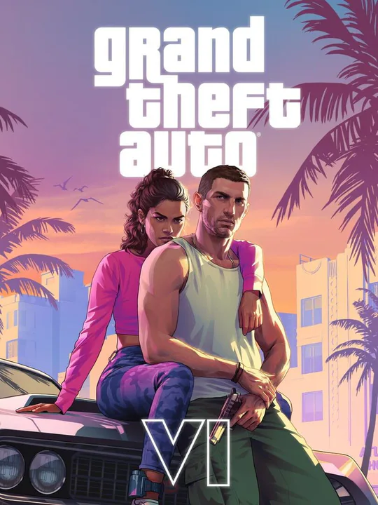 Los dos protagonistas de Grand Theft Auto VI, una mujer y un hombre, en una ilustración vibrante. Ella está detrás de él, con su mano en su hombro, mientras él se apoya en un coche clásico, con el logotipo del juego y un horizonte urbano tropical al atardecer en el fondo, representando el universo de GTA VI en el contexto de su potencial llegada a Nintendo Switch 2.
