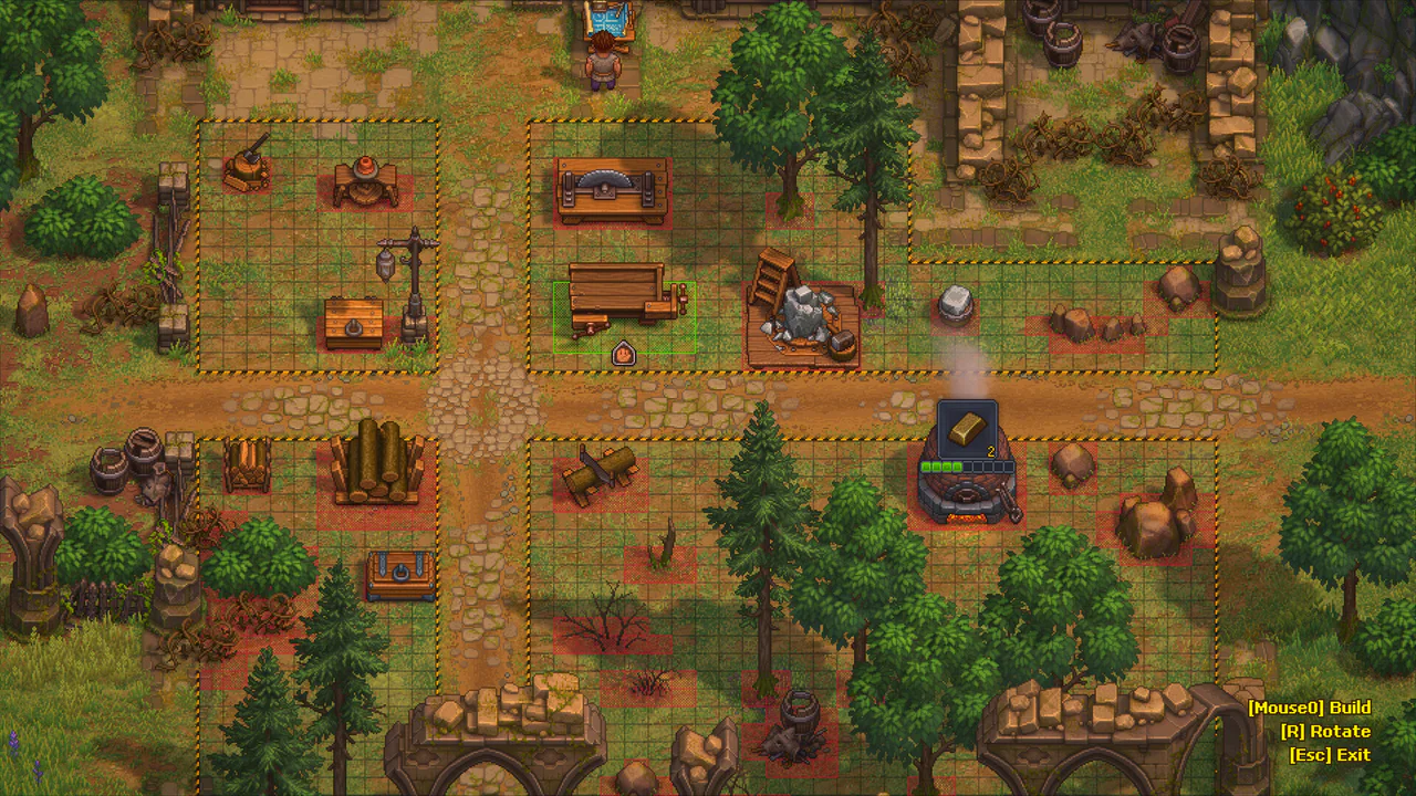 Gameplay interface of Graveyard Keeper 2 showing the base-building mechanics with various crafting stations and agricultural plots arranged in an isometric grid.
