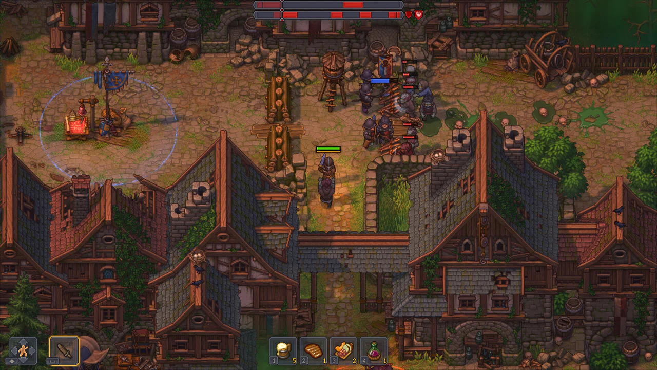 Una captura de pantalla de gameplay isométrico de Graveyard Keeper 2 muestra a un personaje a caballo navegando por una calle de pueblo medieval, con múltiples edificios y un grupo de combatientes o NPCs interactuando en el lado izquierdo de la pantalla, junto a la interfaz de usuario del juego.
