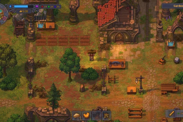 Gameplay capture of Graveyard Keeper 2 showing the protagonist working in the garden, with inventory and resource meters visible in the HUD.