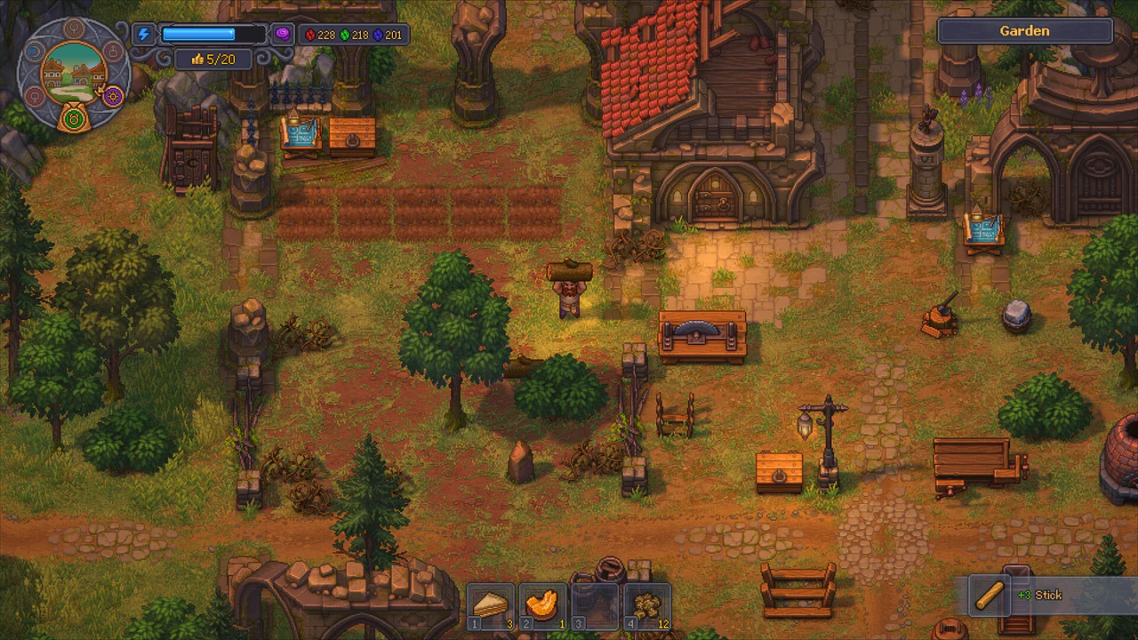 Gameplay capture of Graveyard Keeper 2 showing the protagonist working in the garden, with inventory and resource meters visible in the HUD.
