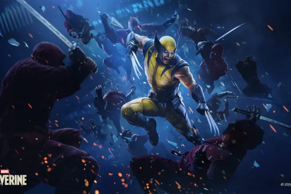 Arte promocional de Marvel's Wolverine mostrando a Logan en su icónico traje amarillo y azul, saltando con sus garras de adamantium desplegadas en pleno combate contra múltiples enemigos armados con katanas, en un entorno oscuro y metálico lleno de escombros y chispas. La imagen captura la intensidad de la acción del juego, fundamental en la discusión sobre sus mecánicas.