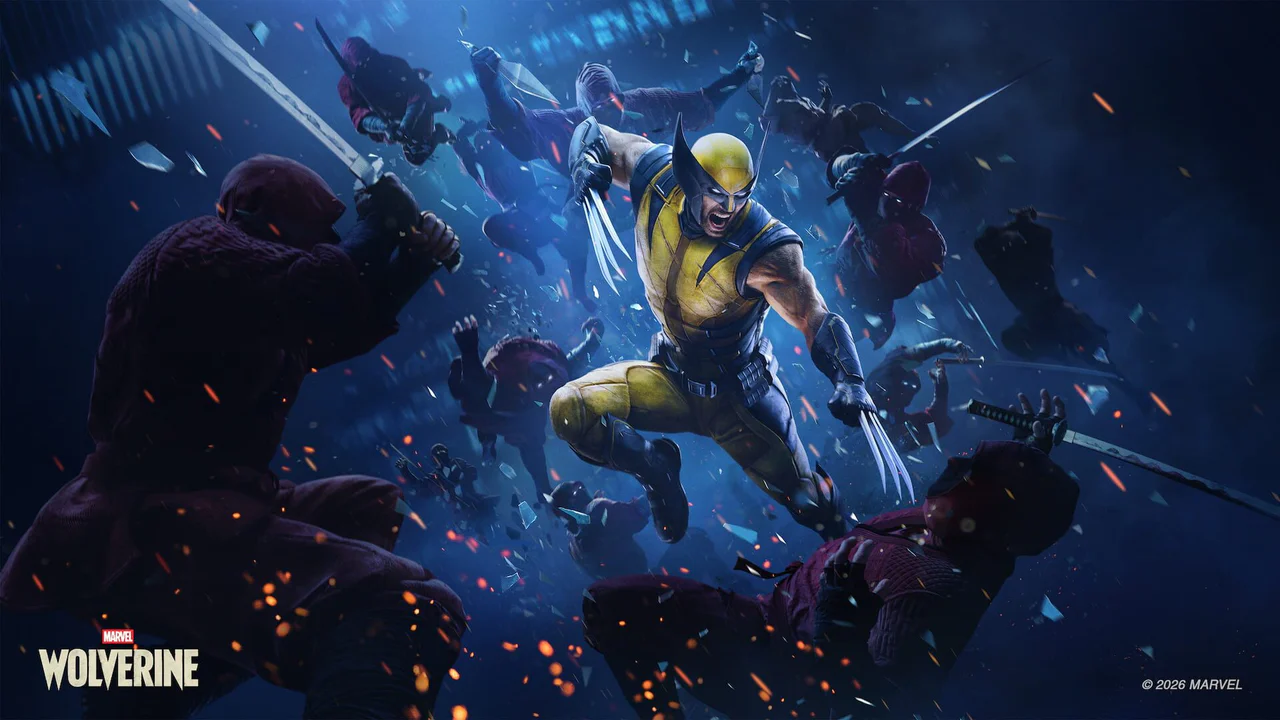 Arte promocional de Marvel's Wolverine mostrando a Logan en su icónico traje amarillo y azul, saltando con sus garras de adamantium desplegadas en pleno combate contra múltiples enemigos armados con katanas, en un entorno oscuro y metálico lleno de escombros y chispas. La imagen captura la intensidad de la acción del juego, fundamental en la discusión sobre sus mecánicas.