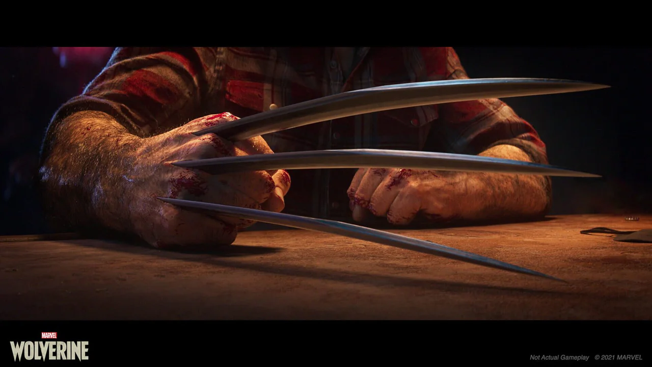 Primer plano de las garras de adamantium de Wolverine extendidas sobre una mesa en una atmósfera tensa antes de su lanzamiento en PS5.