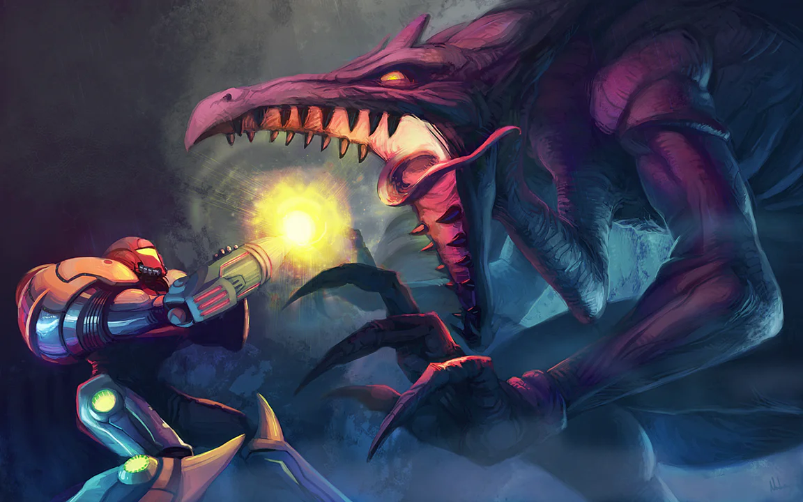 Samus Aran se enfrenta en un intenso combate contra el villano Ridley, quien se abalanza sobre ella con sus fauces abiertas en una escena de acción clásica de Metroid.