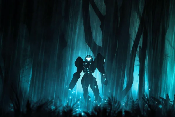 Samus Aran de pie en un bosque oscuro y lluvioso con vegetación bioluminiscente, capturando la atmósfera misteriosa del nuevo Metroid Ravenous.