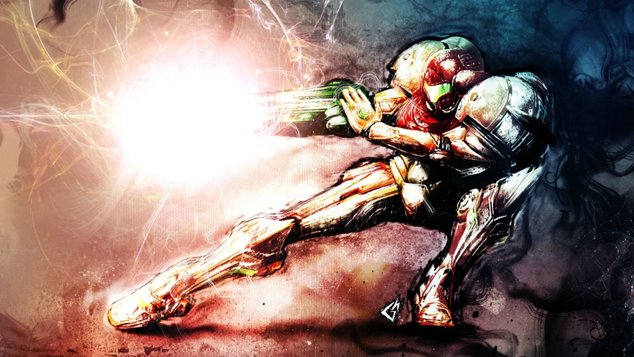 Samus Aran disparando su cañón de energía en una escena de acción intensa para el videojuego Metroid Ravenous.