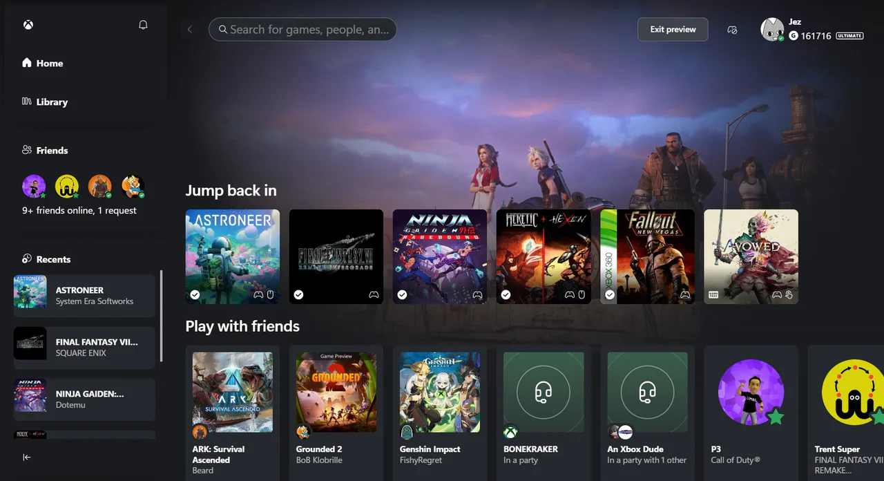 Interfaz de la plataforma Xbox que permite el acceso a servicios de juego en la nube y biblioteca personal, reflejando el entorno donde se aplicarán las nuevas restricciones de horas.
