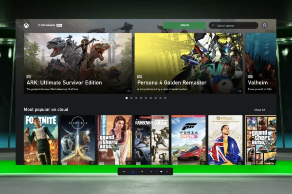 Interfaz principal de Xbox Cloud Gaming con una selección de juegos destacados, ilustrando la plataforma afectada por los nuevos límites de horas de uso.