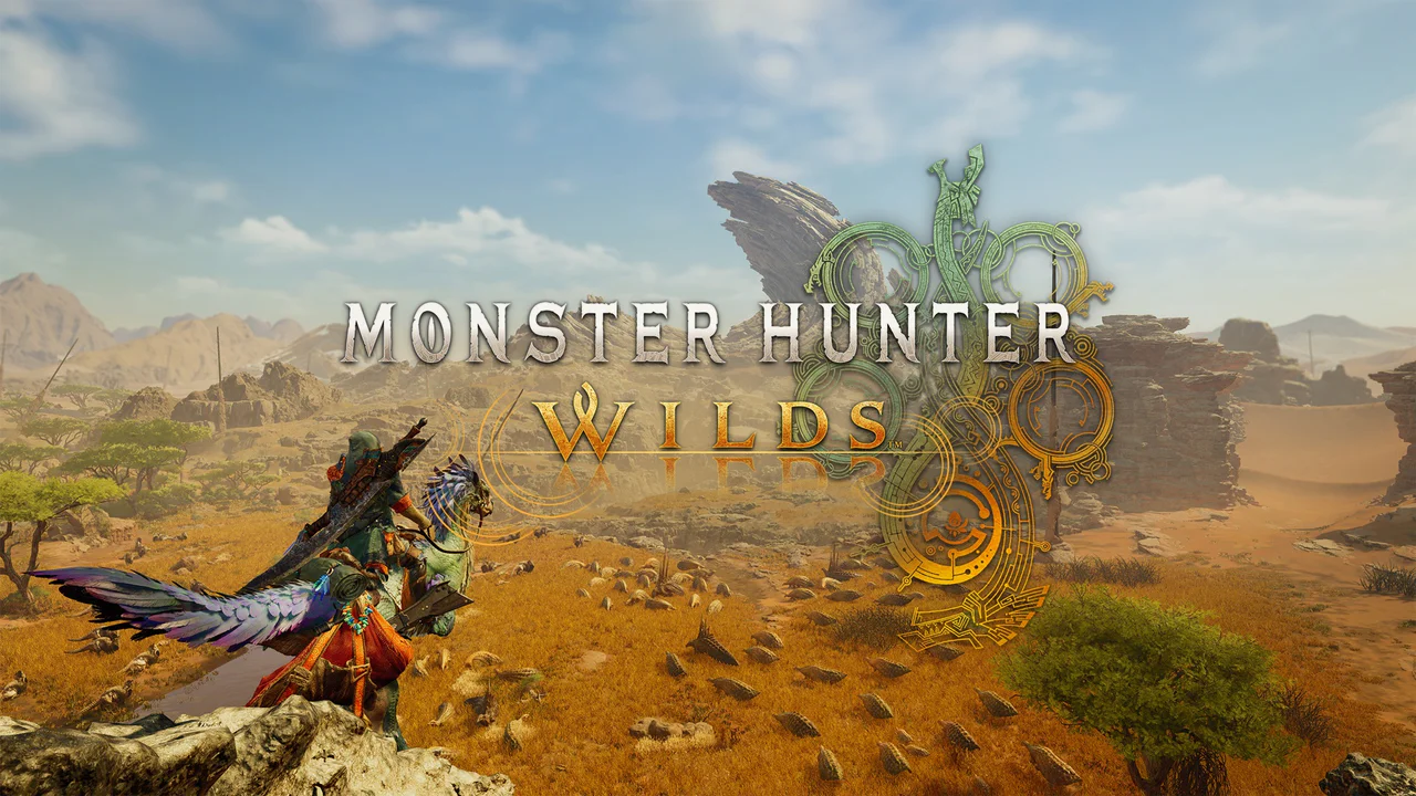 Arte promocional horizontal de Monster Hunter Wilds que muestra el logo del juego, un cazador montado sobre una criatura alada con armadura y un arma, frente a un extenso paisaje desértico con montañas y formaciones rocosas bajo un cielo claro.