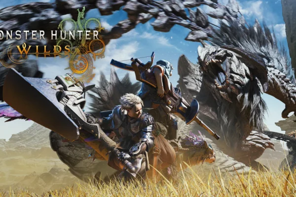 Arte principal de Monster Hunter Wilds con cazadores enfrentándose a un imponente monstruo en el desierto para anunciar su llegada a Nintendo Switch 2.