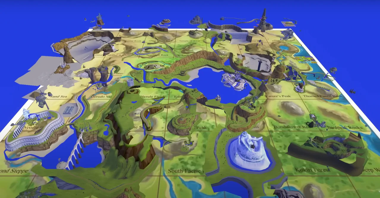 Mapa tridimensional detallado de Hyrule para el remake de The Legend of Zelda: Ocarina of Time, destacando su nueva topografía y diseño geográfico.