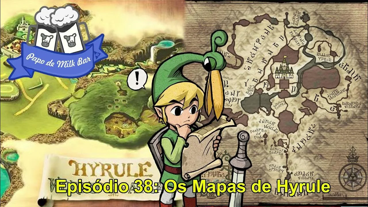 Link de The Legend of Zelda analizando mapas detallados del mundo de Hyrule en una presentación temática sobre el rediseño de escenarios.
