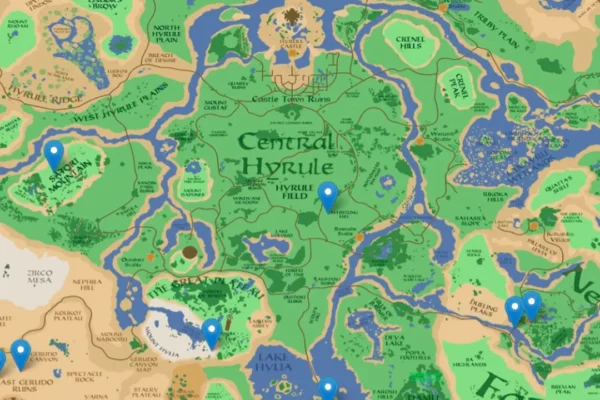 Un mapa estilizado de Hyrule con regiones como Central Hyrule y Satori Mountain claramente visibles, adornado con múltiples pines azules. Esta imagen ilustra el 'Hyrule transformado' del que se habla en el remake de The Legend of Zelda: Ocarina of Time para la Switch 2.