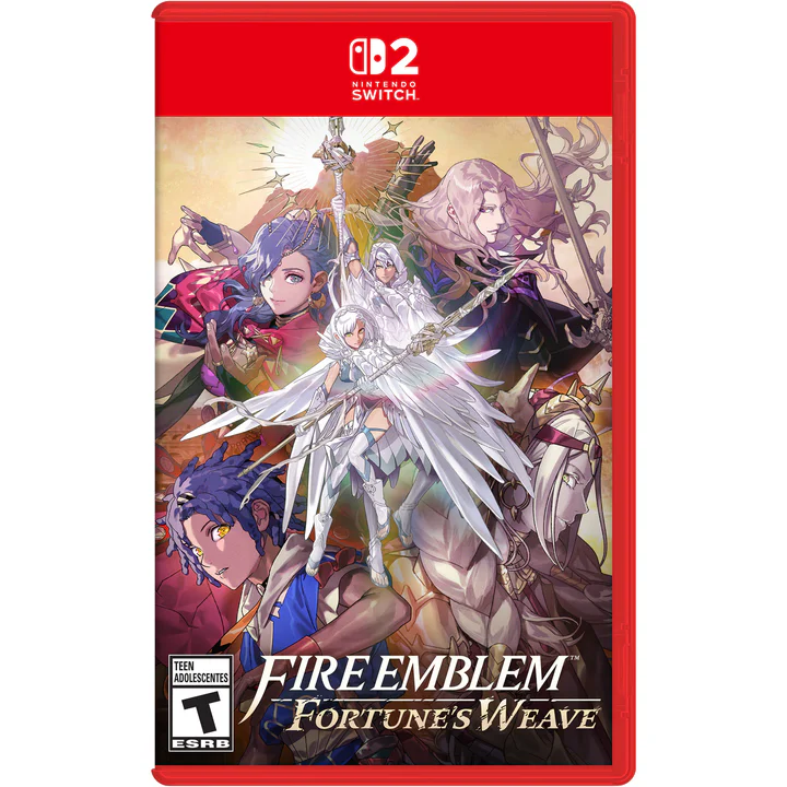 La portada de Fire Emblem: Fortune's Weave muestra un grupo de héroes con una figura central de cabello blanco empuñando una lanza brillante. Varios guerreros y magos con armaduras detalladas posan dinámicamente sobre ruinas antiguas bajo un cielo luminoso, con los logotipos de Nintendo Switch y la clasificación ESRB T visibles.